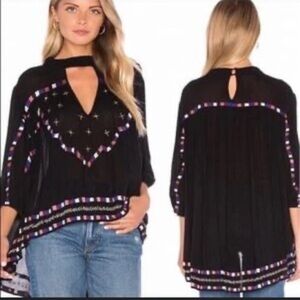 Anthropologie Chloe Oliver Marrakesh Embroidered Beaded Swing Blouse black XS